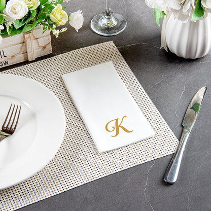 Luxenap Rectangle Gold Letter K White Paper Linen-Feel Guest Towel / Napkin - Air Laid, Cursive Font - 15 3/4" x 8" - 50 count box