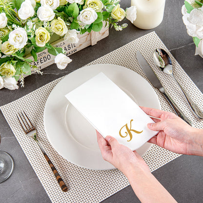 Luxenap Rectangle Gold Letter K White Paper Linen-Feel Guest Towel / Napkin - Air Laid, Cursive Font - 15 3/4" x 8" - 50 count box