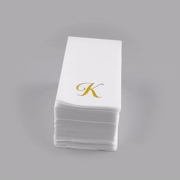 Luxenap Rectangle Gold Letter K White Paper Linen-Feel Guest Towel / Napkin - Air Laid, Cursive Font - 15 3/4" x 8" - 2000 count box