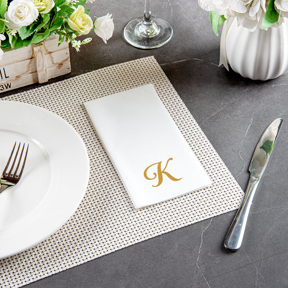 Luxenap Rectangle Gold Letter K White Paper Linen-Feel Guest Towel / Napkin - Air Laid, Cursive Font - 15 3/4" x 8" - 2000 count box