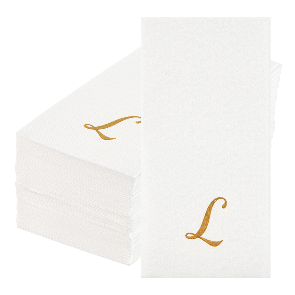 Luxenap Rectangle Gold Letter L White Paper Linen-Feel Guest Towel / Napkin - Air Laid, Cursive Font - 15 3/4" x 8" - 50 count box