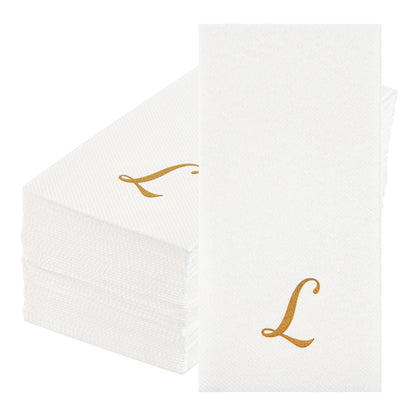 Luxenap Rectangle Gold Letter L White Paper Linen-Feel Guest Towel / Napkin - Air Laid, Cursive Font - 15 3/4" x 8" - 50 count box