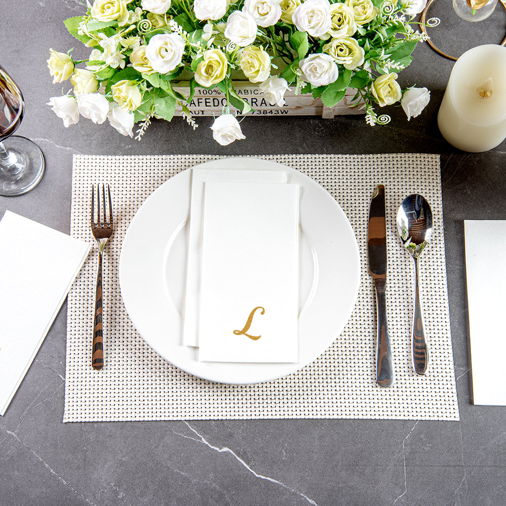 Luxenap Rectangle Gold Letter L White Paper Linen-Feel Guest Towel / Napkin - Air Laid, Cursive Font - 15 3/4" x 8" - 50 count box