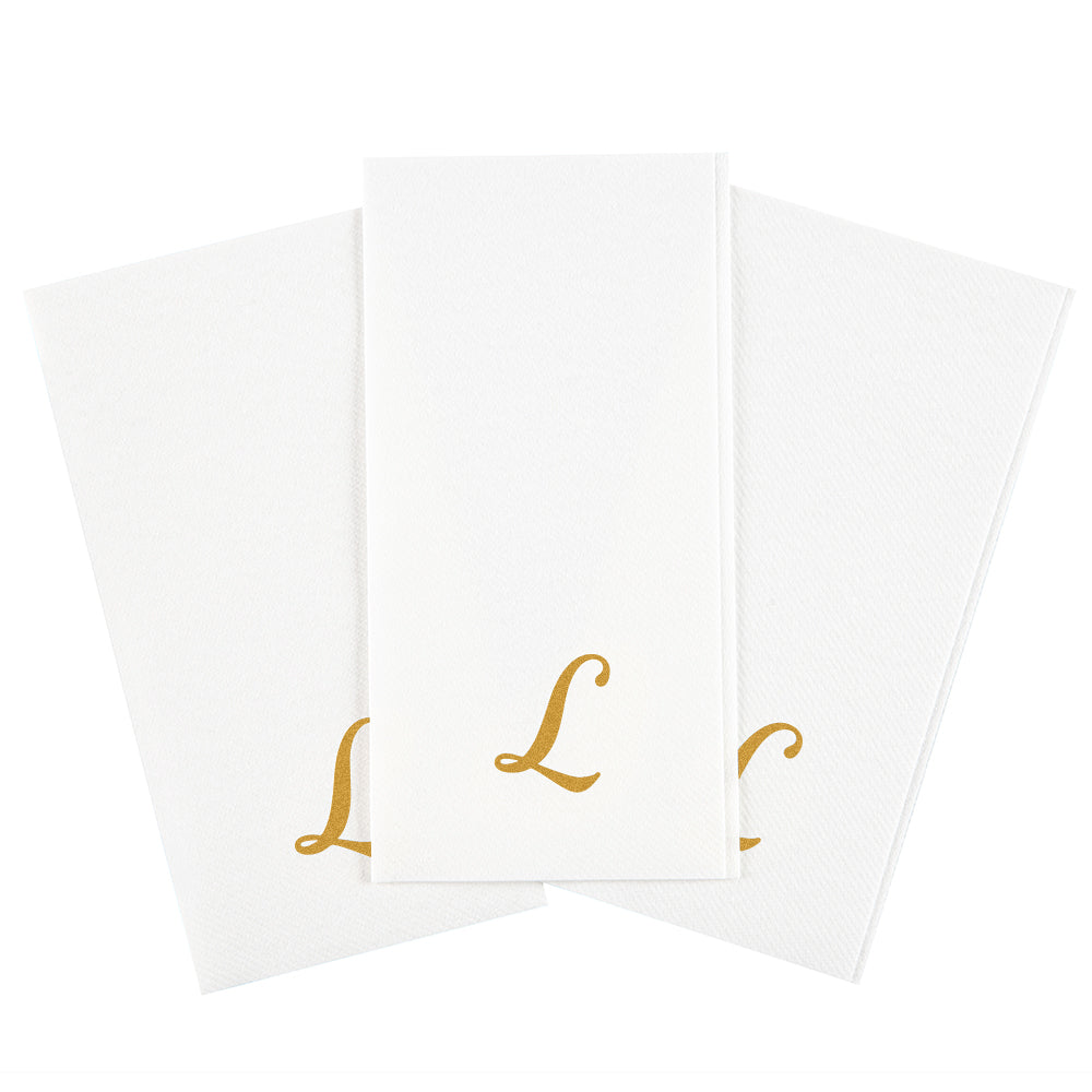 Luxenap Rectangle Gold Letter L White Paper Linen-Feel Guest Towel / Napkin - Air Laid, Cursive Font - 15 3/4" x 8" - 50 count box