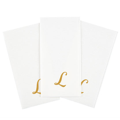 Luxenap Rectangle Gold Letter L White Paper Linen-Feel Guest Towel / Napkin - Air Laid, Cursive Font - 15 3/4" x 8" - 50 count box
