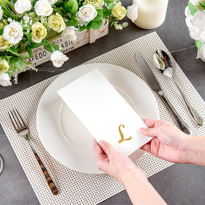 Luxenap Rectangle Gold Letter L White Paper Linen-Feel Guest Towel / Napkin - Air Laid, Cursive Font - 15 3/4" x 8" - 50 count box