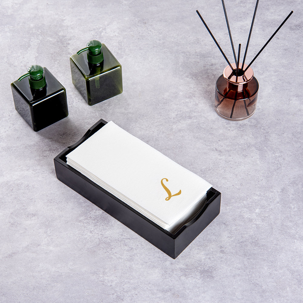 Luxenap Rectangle Gold Letter L White Paper Linen-Feel Guest Towel / Napkin - Air Laid, Cursive Font - 15 3/4" x 8" - 50 count box