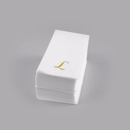 Luxenap Rectangle Gold Letter L White Paper Linen-Feel Guest Towel / Napkin - Air Laid, Cursive Font - 15 3/4" x 8" - 2000 count box