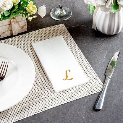 Luxenap Rectangle Gold Letter L White Paper Linen-Feel Guest Towel / Napkin - Air Laid, Cursive Font - 15 3/4" x 8" - 2000 count box