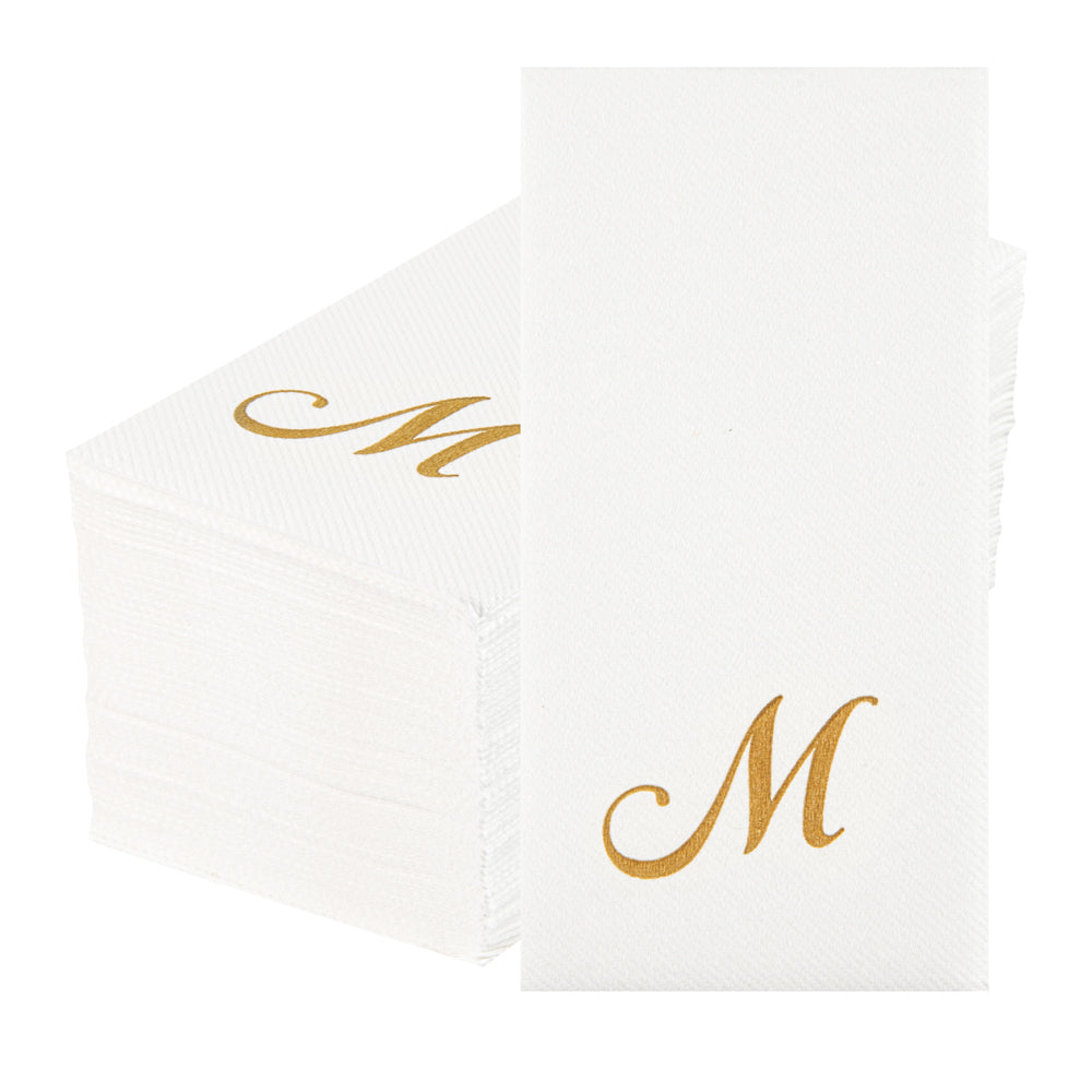 Luxenap Rectangle Gold Letter M White Paper Linen-Feel Guest Towel / Napkin - Air Laid, Cursive Font - 15 3/4" x 8" - 50 count box