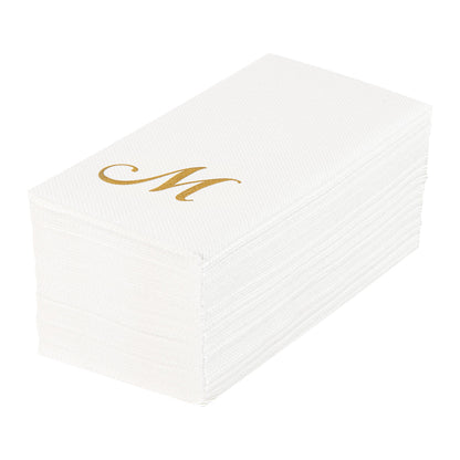 Luxenap Rectangle Gold Letter M White Paper Linen-Feel Guest Towel / Napkin - Air Laid, Cursive Font - 15 3/4" x 8" - 50 count box