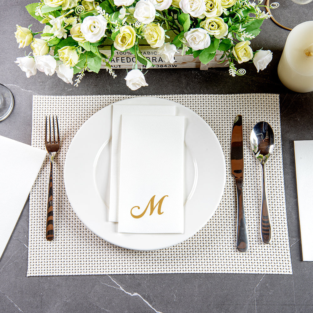 Luxenap Rectangle Gold Letter M White Paper Linen-Feel Guest Towel / Napkin - Air Laid, Cursive Font - 15 3/4" x 8" - 50 count box