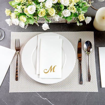 Luxenap Rectangle Gold Letter M White Paper Linen-Feel Guest Towel / Napkin - Air Laid, Cursive Font - 15 3/4" x 8" - 50 count box