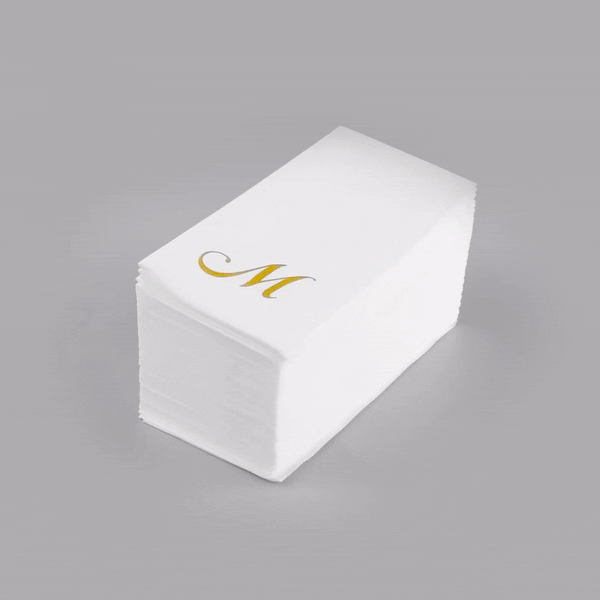 Luxenap Rectangle Gold Letter M White Paper Linen-Feel Guest Towel / Napkin - Air Laid, Cursive Font - 15 3/4" x 8" - 50 count box