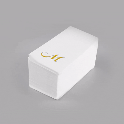 Luxenap Rectangle Gold Letter M White Paper Linen-Feel Guest Towel / Napkin - Air Laid, Cursive Font - 15 3/4" x 8" - 50 count box