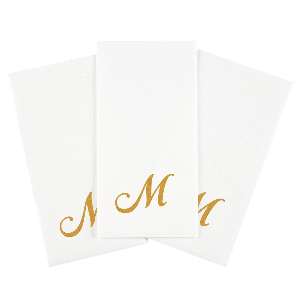 Luxenap Rectangle Gold Letter M White Paper Linen-Feel Guest Towel / Napkin - Air Laid, Cursive Font - 15 3/4" x 8" - 50 count box