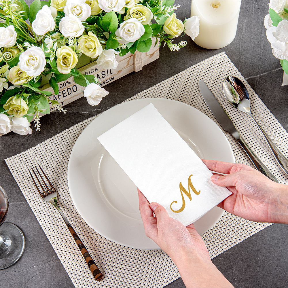 Luxenap Rectangle Gold Letter M White Paper Linen-Feel Guest Towel / Napkin - Air Laid, Cursive Font - 15 3/4" x 8" - 50 count box