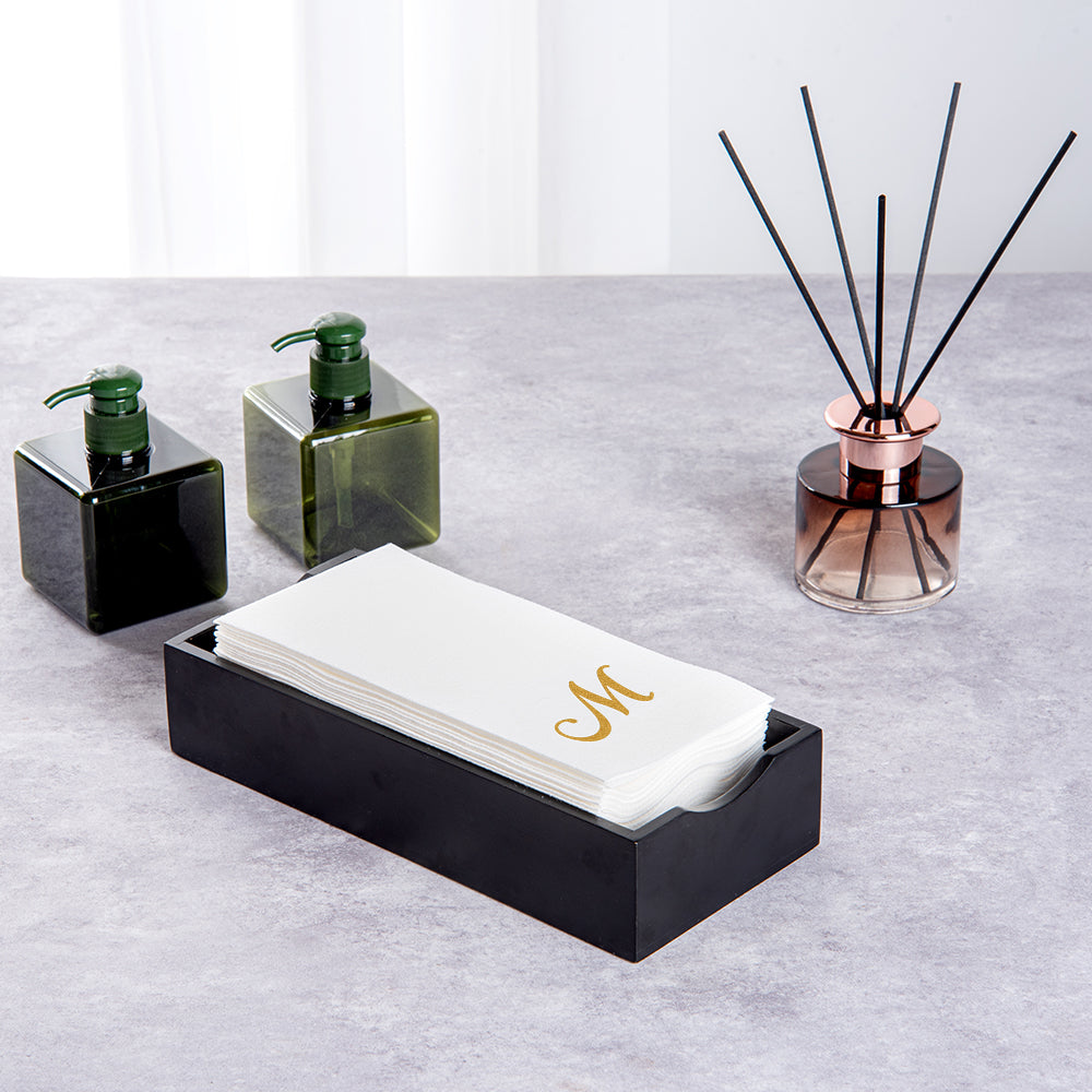 Luxenap Rectangle Gold Letter M White Paper Linen-Feel Guest Towel / Napkin - Air Laid, Cursive Font - 15 3/4" x 8" - 50 count box