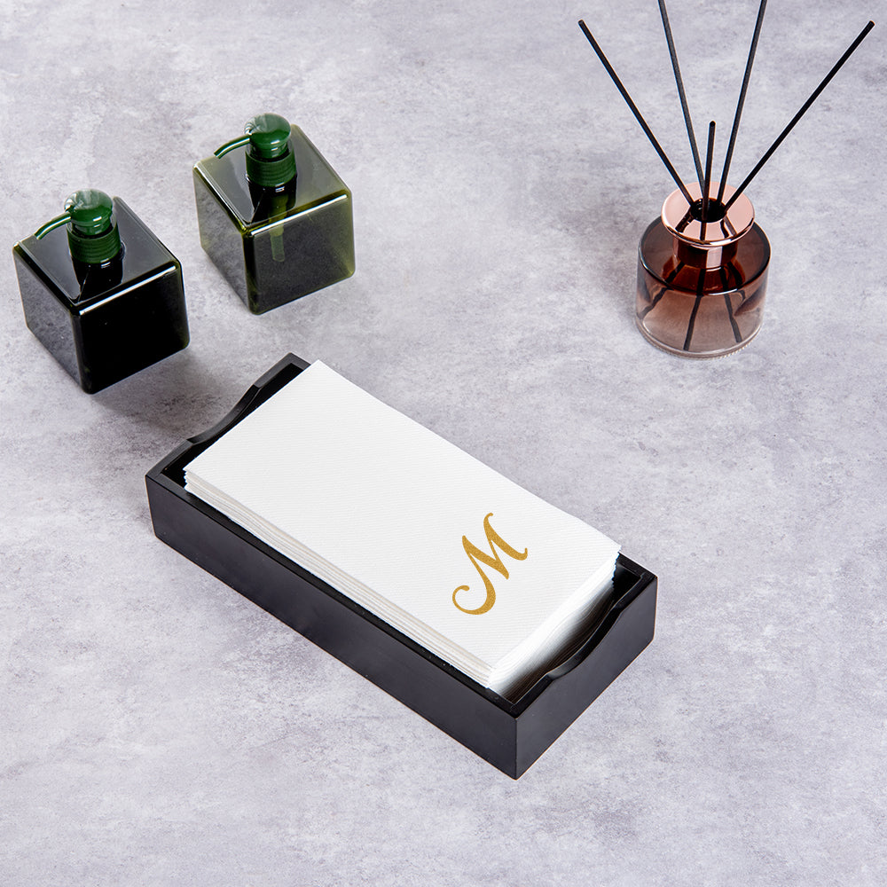 Luxenap Rectangle Gold Letter M White Paper Linen-Feel Guest Towel / Napkin - Air Laid, Cursive Font - 15 3/4" x 8" - 50 count box