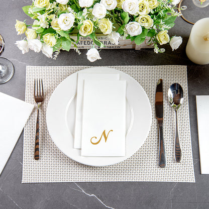 Luxenap Rectangle Gold Letter N White Paper Linen-Feel Guest Towel / Napkin - Air Laid, Cursive Font - 15 3/4" x 8" - 2000 count box