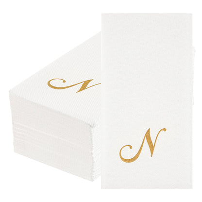 Luxenap Rectangle Gold Letter N White Paper Linen-Feel Guest Towel / Napkin - Air Laid, Cursive Font - 15 3/4" x 8" - 50 count box