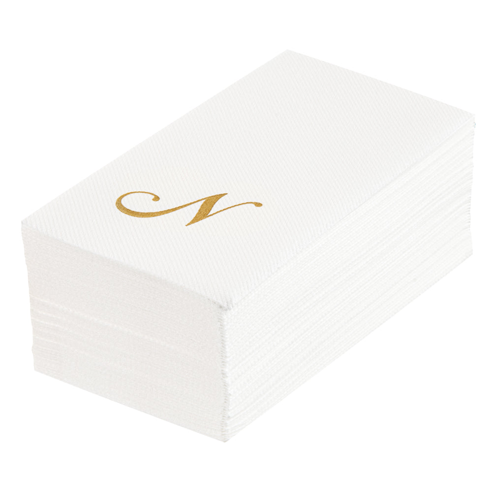 Luxenap Rectangle Gold Letter N White Paper Linen-Feel Guest Towel / Napkin - Air Laid, Cursive Font - 15 3/4" x 8" - 50 count box