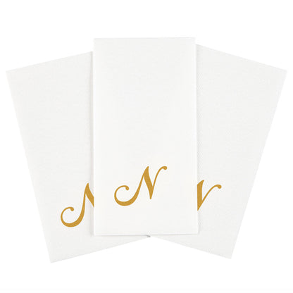 Luxenap Rectangle Gold Letter N White Paper Linen-Feel Guest Towel / Napkin - Air Laid, Cursive Font - 15 3/4" x 8" - 50 count box