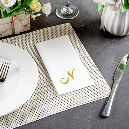 Luxenap Rectangle Gold Letter N White Paper Linen-Feel Guest Towel / Napkin - Air Laid, Cursive Font - 15 3/4" x 8" - 50 count box