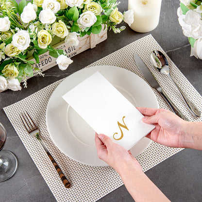 Luxenap Rectangle Gold Letter N White Paper Linen-Feel Guest Towel / Napkin - Air Laid, Cursive Font - 15 3/4" x 8" - 50 count box