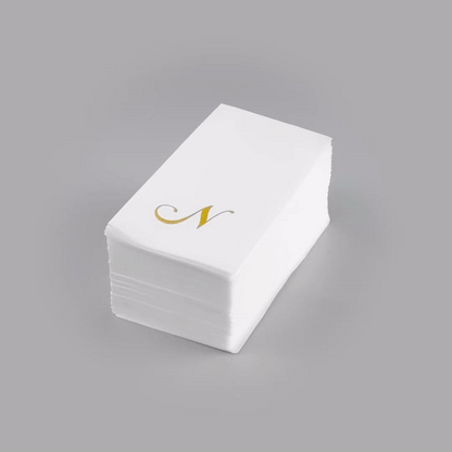 Luxenap Rectangle Gold Letter N White Paper Linen-Feel Guest Towel / Napkin - Air Laid, Cursive Font - 15 3/4" x 8" - 2000 count box