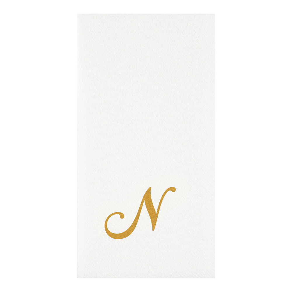 Luxenap Rectangle Gold Letter N White Paper Linen-Feel Guest Towel / Napkin - Air Laid, Cursive Font - 15 3/4" x 8" - 2000 count box