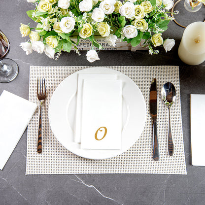 Luxenap Rectangle Gold Letter O White Paper Linen-Feel Guest Towel / Napkin - Air Laid, Cursive Font - 15 3/4" x 8" - 2000 count box