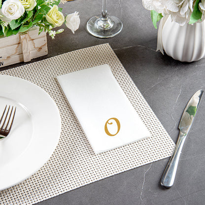 Luxenap Rectangle Gold Letter O White Paper Linen-Feel Guest Towel / Napkin - Air Laid, Cursive Font - 15 3/4" x 8" - 2000 count box