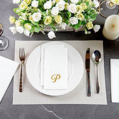 Luxenap Rectangle Gold Letter P White Paper Linen-Feel Guest Towel / Napkin - Air Laid, Cursive Font - 15 3/4" x 8" - 2000 count box