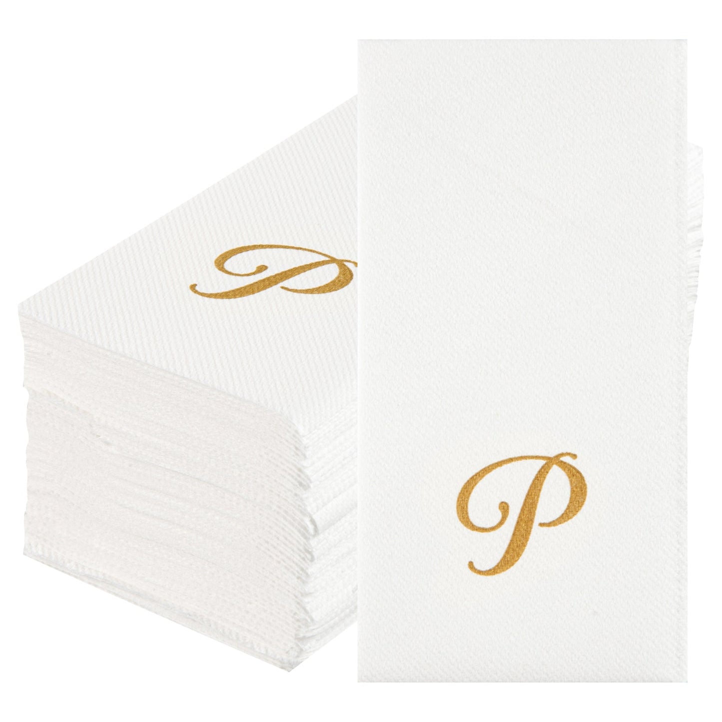 Luxenap Rectangle Gold Letter P White Paper Linen-Feel Guest Towel / Napkin - Air Laid, Cursive Font - 15 3/4" x 8" - 50 count box