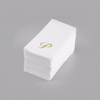 Luxenap Rectangle Gold Letter P White Paper Linen-Feel Guest Towel / Napkin - Air Laid, Cursive Font - 15 3/4" x 8" - 50 count box