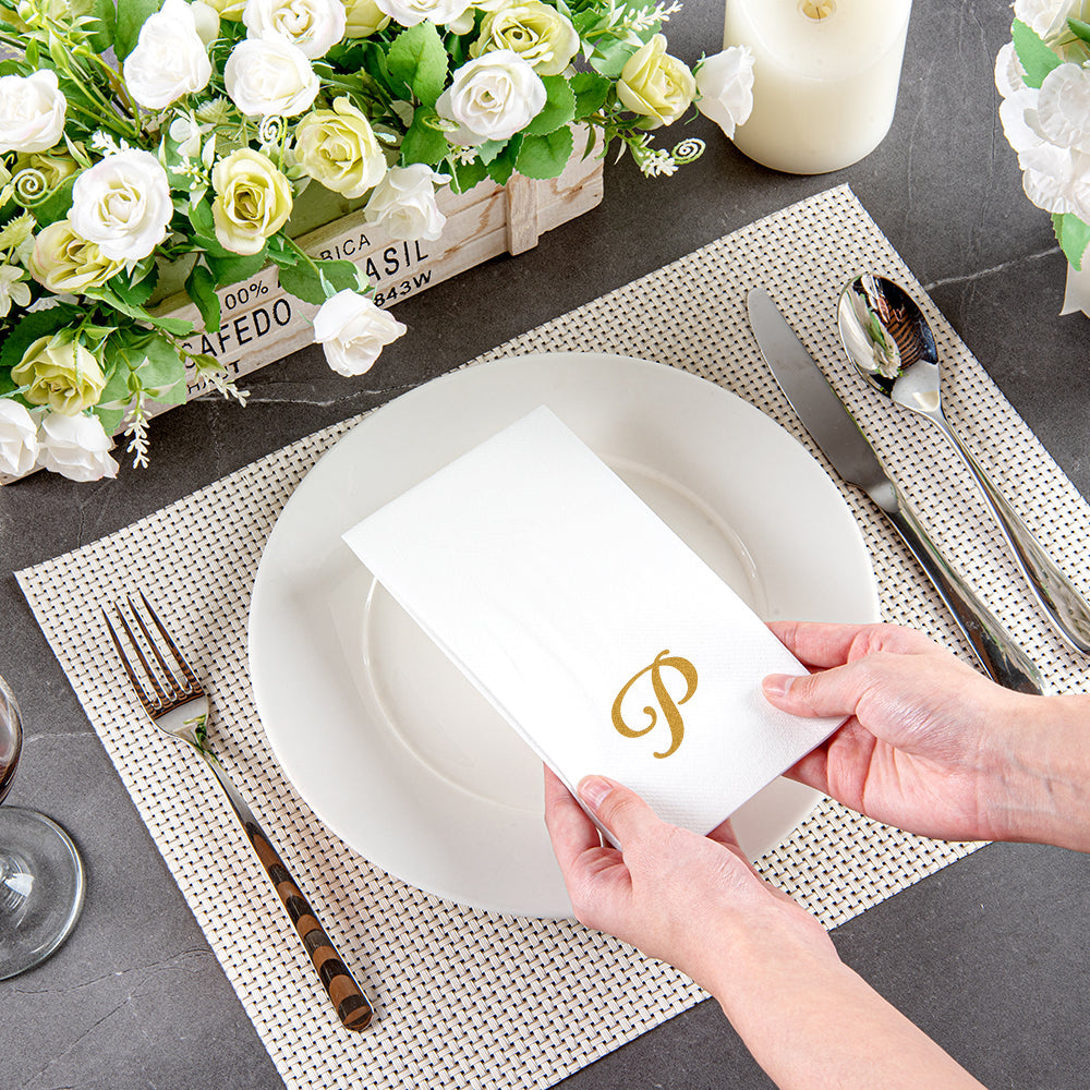 Luxenap Rectangle Gold Letter P White Paper Linen-Feel Guest Towel / Napkin - Air Laid, Cursive Font - 15 3/4" x 8" - 50 count box