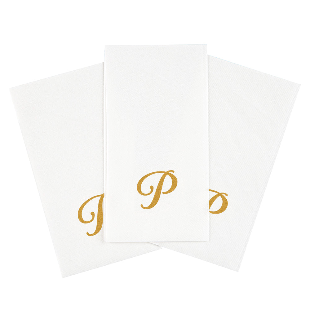 Luxenap Rectangle Gold Letter P White Paper Linen-Feel Guest Towel / Napkin - Air Laid, Cursive Font - 15 3/4" x 8" - 2000 count box
