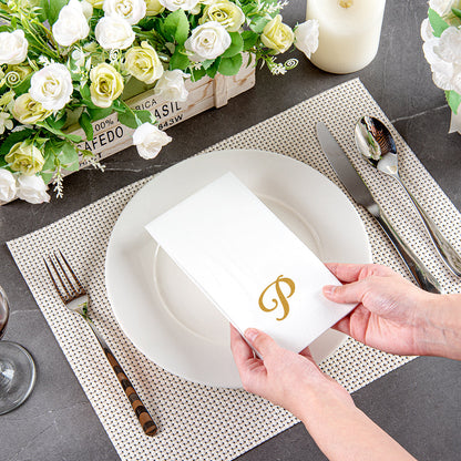 Luxenap Rectangle Gold Letter P White Paper Linen-Feel Guest Towel / Napkin - Air Laid, Cursive Font - 15 3/4" x 8" - 2000 count box