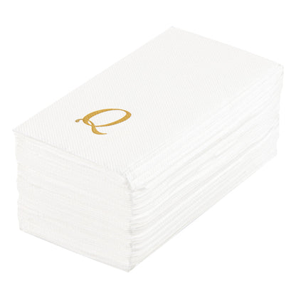Luxenap Rectangle Gold Letter Q White Paper Linen-Feel Guest Towel / Napkin - Air Laid, Cursive Font - 15 3/4" x 8" - 50 count box