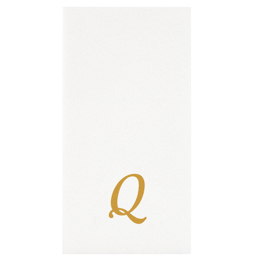 Luxenap Rectangle Gold Letter Q White Paper Linen-Feel Guest Towel / Napkin - Air Laid, Cursive Font - 15 3/4" x 8" - 50 count box