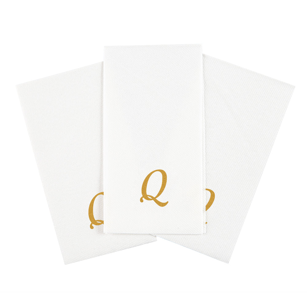 Luxenap Rectangle Gold Letter Q White Paper Linen-Feel Guest Towel / Napkin - Air Laid, Cursive Font - 15 3/4" x 8" - 50 count box