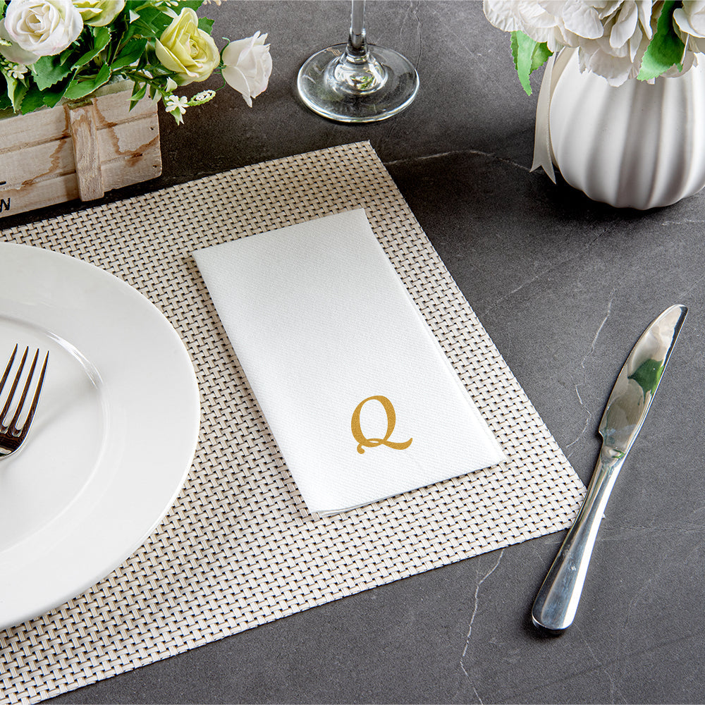 Luxenap Rectangle Gold Letter Q White Paper Linen-Feel Guest Towel / Napkin - Air Laid, Cursive Font - 15 3/4" x 8" - 50 count box