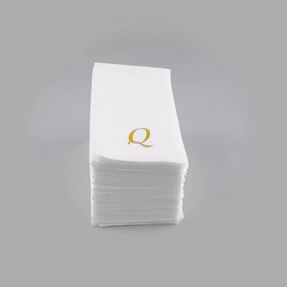 Luxenap Rectangle Gold Letter Q White Paper Linen-Feel Guest Towel / Napkin - Air Laid, Cursive Font - 15 3/4" x 8" - 2000 count box