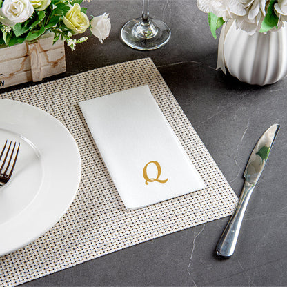 Luxenap Rectangle Gold Letter Q White Paper Linen-Feel Guest Towel / Napkin - Air Laid, Cursive Font - 15 3/4" x 8" - 2000 count box