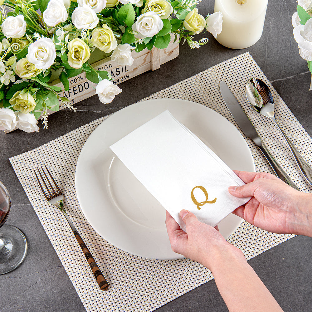 Luxenap Rectangle Gold Letter Q White Paper Linen-Feel Guest Towel / Napkin - Air Laid, Cursive Font - 15 3/4" x 8" - 2000 count box
