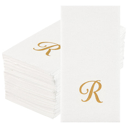 Luxenap Rectangle Gold Letter R White Paper Linen-Feel Guest Towel / Napkin - Air Laid, Cursive Font - 15 3/4" x 8" - 2000 count box