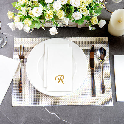 Luxenap Rectangle Gold Letter R White Paper Linen-Feel Guest Towel / Napkin - Air Laid, Cursive Font - 15 3/4" x 8" - 2000 count box
