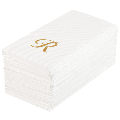 Luxenap Rectangle Gold Letter R White Paper Linen-Feel Guest Towel / Napkin - Air Laid, Cursive Font - 15 3/4" x 8" - 50 count box