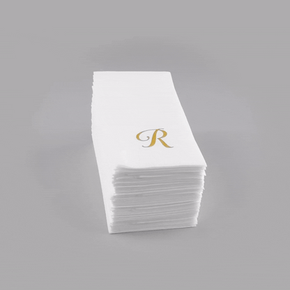 Luxenap Rectangle Gold Letter R White Paper Linen-Feel Guest Towel / Napkin - Air Laid, Cursive Font - 15 3/4" x 8" - 50 count box